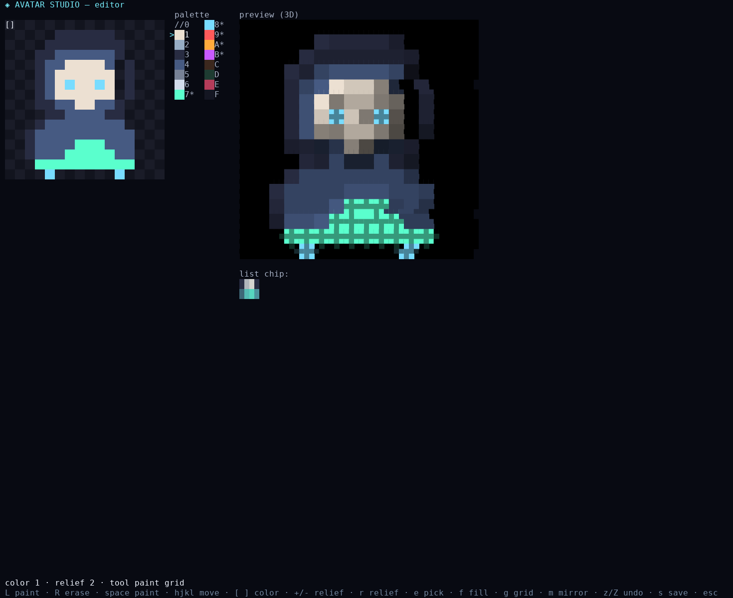 The pixel-art avatar editor with palette, undo, mirror mode, and 3D preview